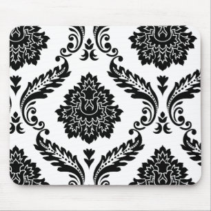 Rococo Damask Off-Set Pattern Black on White Mouse Mat