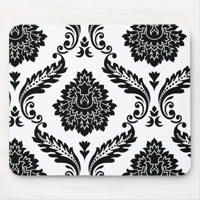 Rococo Damask Off-Set Pattern Black on White Mouse Mat (Front)