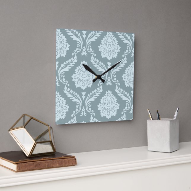 Rococo Damask Off-Set Pattern Duck Egg Blue+Teal Square Wall Clock (Office)