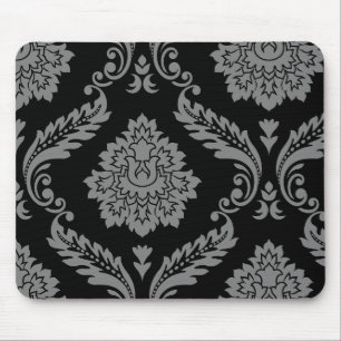 Rococo Damask Off-Set Pattern Grey on Black Mouse Mat