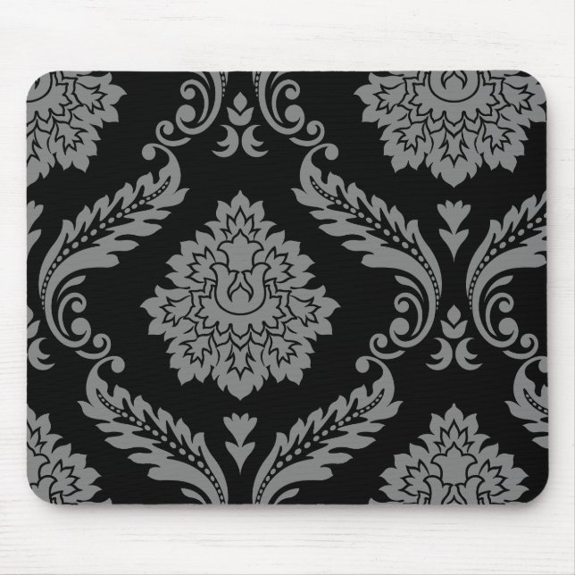 Rococo Damask Off-Set Pattern Grey on Black Mouse Mat (Front)