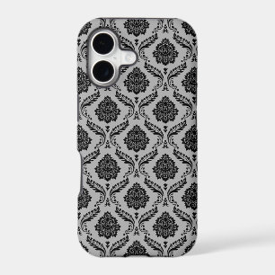 Rococo Damask Pattern Black on Grey