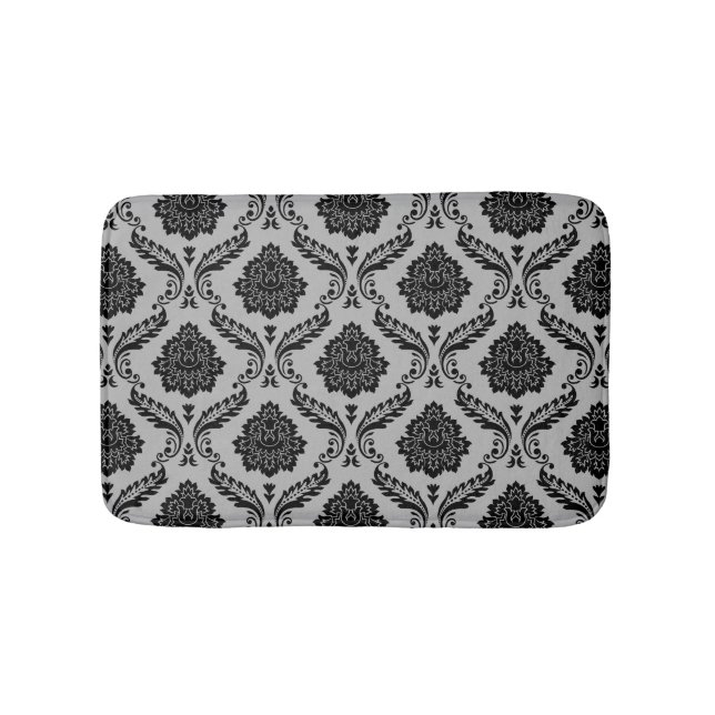 Rococo Damask Pattern Black on Grey Bath Mat (Front)