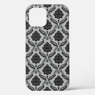 Rococo Damask Pattern Black on Grey iPhone 12 Pro Case