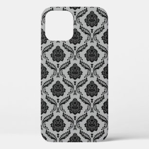 Rococo Damask Pattern Black on Grey iPhone 12 Case