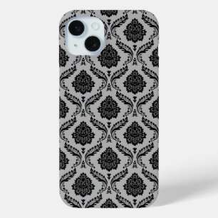 Rococo Damask Pattern Black on Grey iPhone 15 Mini Case