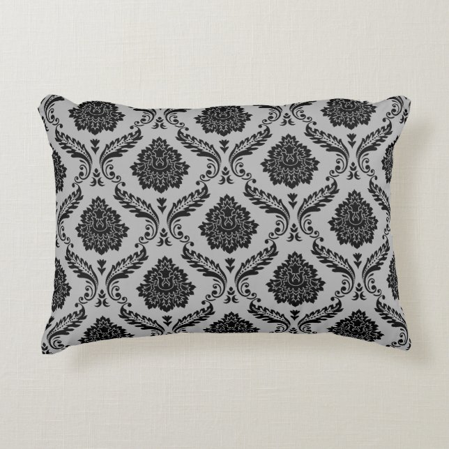 Rococo Damask Pattern Black on Grey Decorative Cushion (Front)