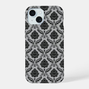 Rococo Damask Pattern Black on Grey iPhone 15 Case