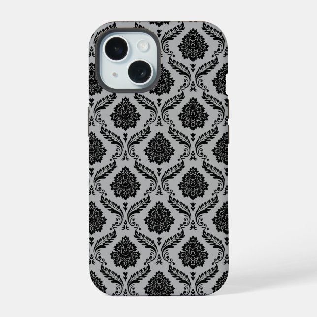 Rococo Damask Pattern Black on Grey iPhone 15 Case (Back)