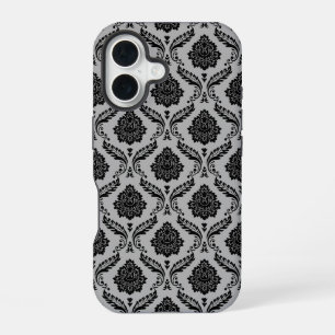 Rococo Damask Pattern Black on Grey iPhone 16 Case