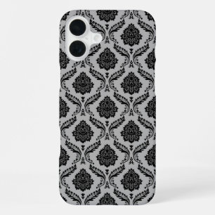 Rococo Damask Pattern Black on Grey iPhone 16 Plus Case