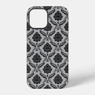 Rococo Damask Pattern Black on Grey iPhone 12 Case