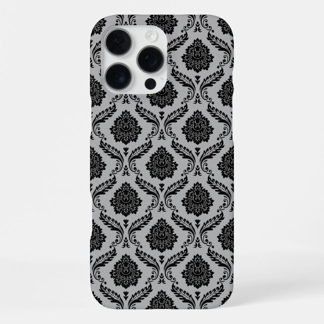 Rococo Damask Pattern Black on Grey iPhone Case (Back)
