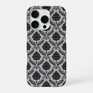 Rococo Damask Pattern Black on Grey iPhone 16 Pro Case