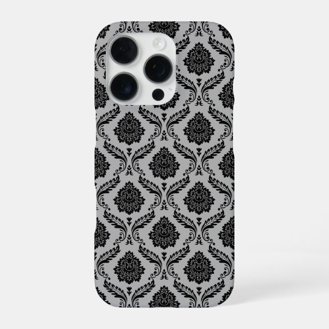 Rococo Damask Pattern Black on Grey iPhone Case (Back)