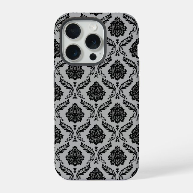 Rococo Damask Pattern Black on Grey iPhone Case (Back)