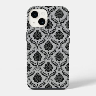 Rococo Damask Pattern Black on Grey iPhone 14 Case
