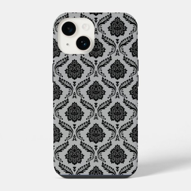 Rococo Damask Pattern Black on Grey iPhone Case (Back)