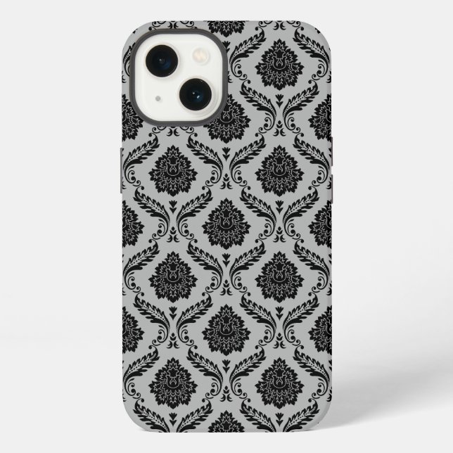 Rococo Damask Pattern Black on Grey iPhone Case (Back)