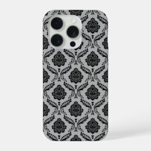 Rococo Damask Pattern Black on Grey iPhone 15 Pro Case