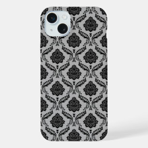 Rococo Damask Pattern Black on Grey iPhone 15 Plus Case