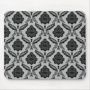 Rococo Damask Pattern Black on Grey Mouse Mat