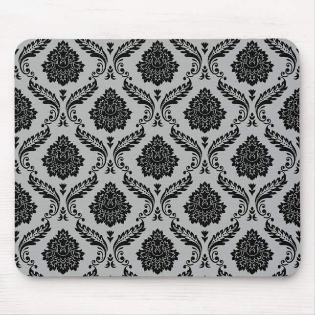 Rococo Damask Pattern Black on Grey Mouse Mat (Front)