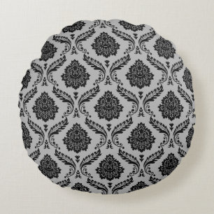 Rococo Damask Pattern Black on Grey Round Cushion