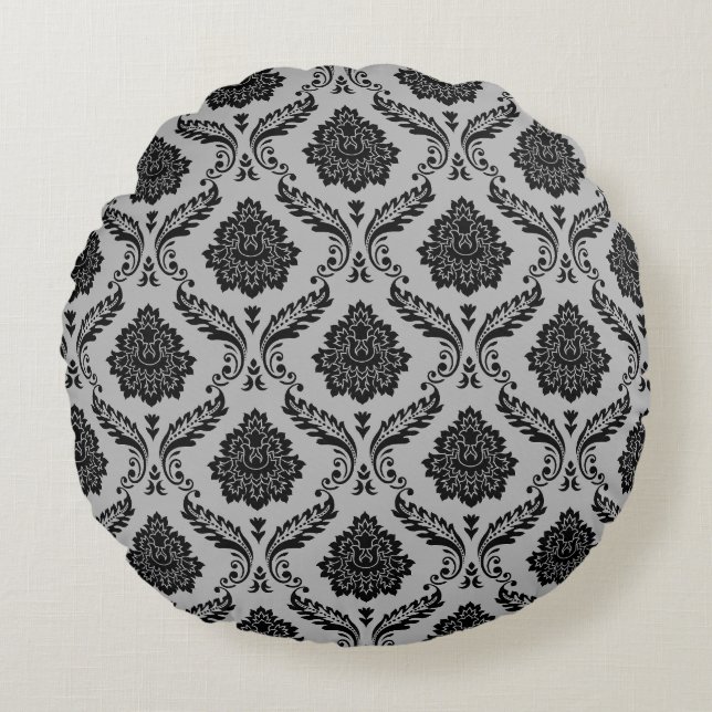Rococo Damask Pattern Black on Grey Round Cushion (Front)