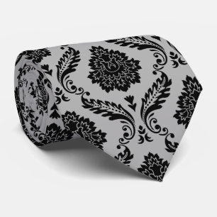 Rococo Damask Pattern Black on Grey Tie
