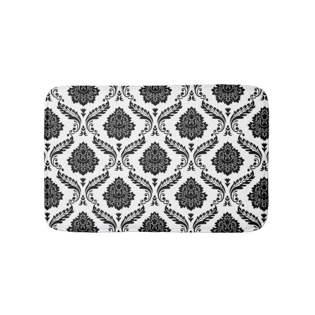 Rococo Damask Pattern Black on White Bath Mat (Front)