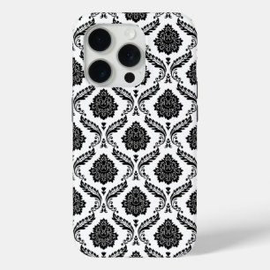 Rococo Damask Pattern Black on White iPhone 15 Pro Case
