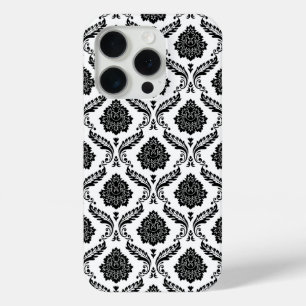 Rococo Damask Pattern Black on White iPhone 15 Pro Case