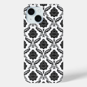 Rococo Damask Pattern Black on White iPhone 15 Case