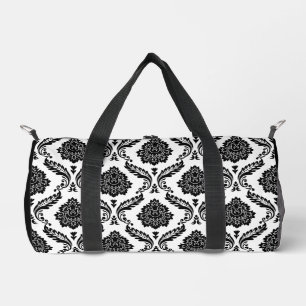 Rococo Damask Pattern Black on White Duffle Bag