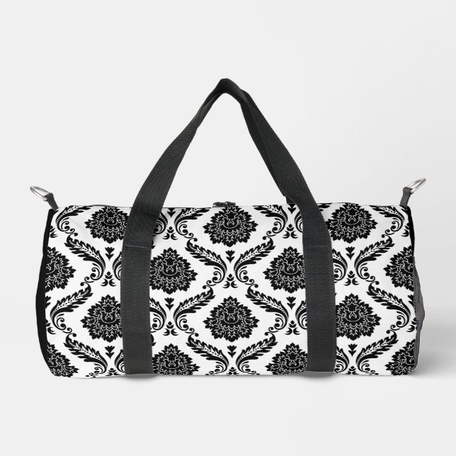 Rococo Damask Pattern Black on White Duffle Bag (Front)