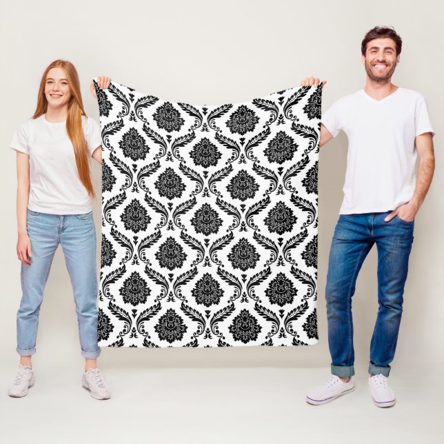 Rococo Damask Pattern Black on White Fleece Blanket (In Situ)