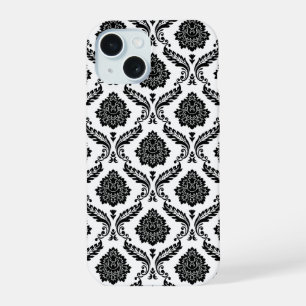 Rococo Damask Pattern Black on White iPhone 15 Case