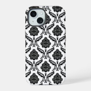 Rococo Damask Pattern Black on White iPhone 15 Case