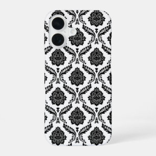 Rococo Damask Pattern Black on White iPhone 16 Case