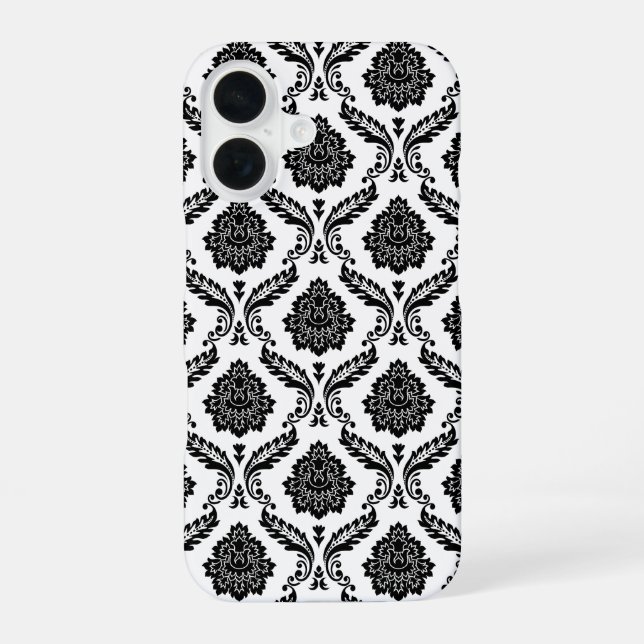 Rococo Damask Pattern Black on White iPhone 16 Case (Back)