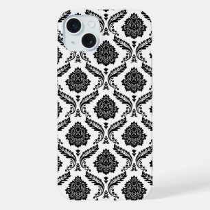 Rococo Damask Pattern Black on White iPhone 15 Plus Case