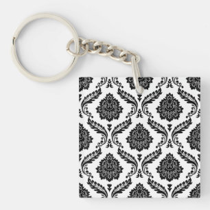 Rococo Damask Pattern Black on White Key Ring