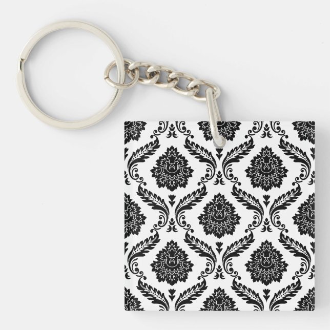 Rococo Damask Pattern Black on White Key Ring (Front)
