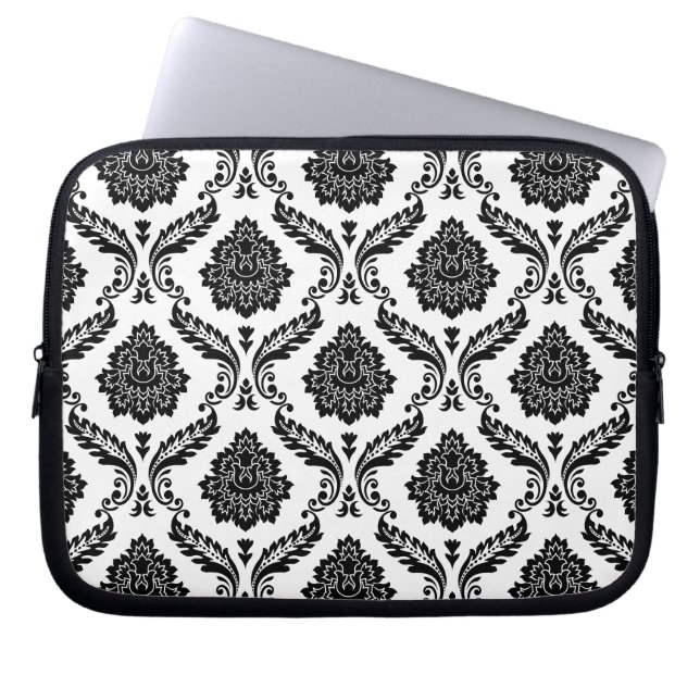 Rococo Damask Pattern Black on White Laptop Sleeve (Front)