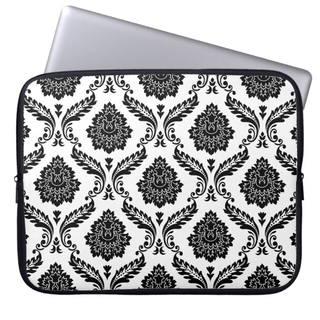 Rococo Damask Pattern Black on White Laptop Sleeve (Front)