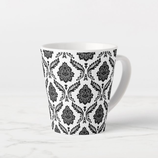 Rococo Damask Pattern Black on White Latte Mug (Right Angle)