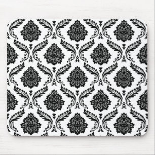 Rococo Damask Pattern Black on White Mouse Mat