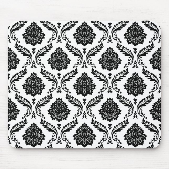 Rococo Damask Pattern Black on White Mouse Mat (Front)