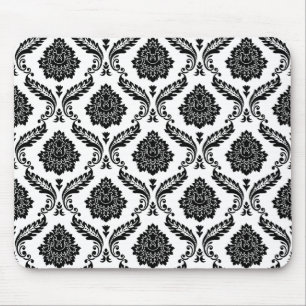 Rococo Damask Pattern Black on White Mouse Mat